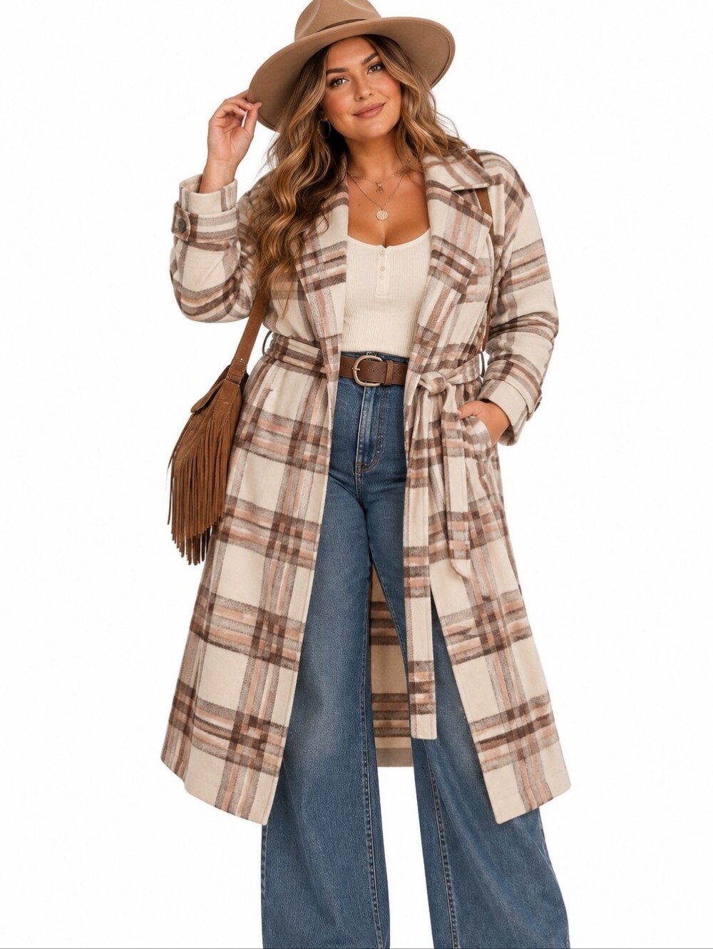 Boohoo coat jacket trench cream tan pink plaid Boho Western Work 12p Nwt